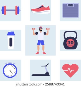 Vector illustration representing fitness and healthy lifestyle, showing a man lifting weights and various fitness icons