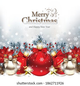 Vector illustration representing five Christmas balls, two golden stars, pine cones, Christmas berries and Poinsettia flowers, laying in the snow in front of fir branches