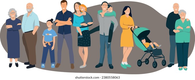 vector illustration representing a group of characters, a family made up of several generations, grandparents, children and grandchildren