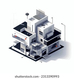 Vector illustration representing a hi-tech house in a flat design, minimalism style. Hi-tech elements and futuristic features to showcase the advanced technology integrated into the house