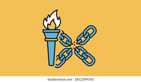 A vector illustration representing liberty with a flaming torch beside a set of shattered metal chains on a plain background
