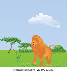 Vector illustration representing a lion walking on the fields in the savannah of Africa. 