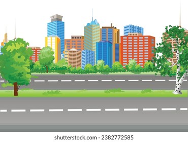 Vector illustration representing the main street view of a modern city with trees and high buildings.