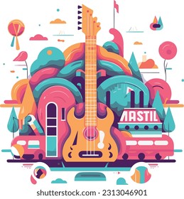 Vector illustration representing a music festival in a flat design, minimalism style. Stage with speakers, musical notes, and a crowd of people