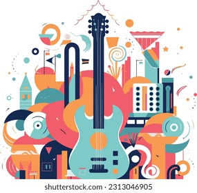 Vector illustration representing a music festival in a flat design, minimalism style. Stage with speakers, musical notes, and a crowd of people