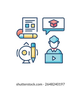 A vector illustration representing online education. Features a graduation cap, student, document and pencil with a flat design style.