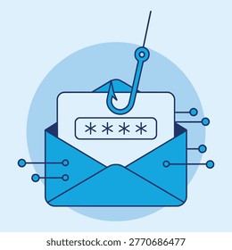 Vector illustration representing a phishing cyber attack with a hooked message emerging from an email envelope containing a password field. The design symbolizes online fraud, credential theft, hacking attempts and digital security threats. Suitable for cybersecurity awareness, data protection concepts, internet safety campaigns and information security education.