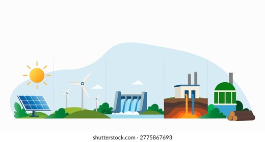 Vector illustration representing renewable energy sources including solar panels, wind turbines, hydroelectric power, geothermal energy and biomass generation. Clean energy concept showing sustainable electricity production and environmentally friendly power technologies.