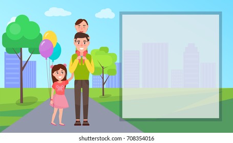 Vector illustration representing smiling father with children with ballons outdoor and big filling box on the right side of picture.