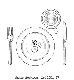 Ilustração vetorial representando uma dieta rigorosa, apresentando elementos desenhados à mão como refeições em porções. Estilo de esboço preto e branco, ideal para perda de peso, alimentação limpa e conceitos de jejum intermitente