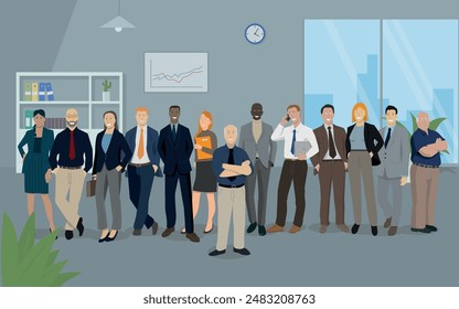 vector illustration representing a team in the office united behind the boss of the company.
