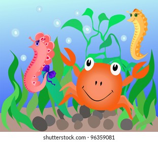 Vector illustration representing underwater flora and fauna, such as seahorse and crab. Eps 10