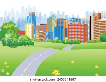 Vector illustration representing view of a  road leading to a modern city, which is seen in the distance.