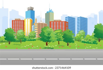 Vector illustration representing a view to a street near to a park in a modern city. Many beautiful trees and buildings.