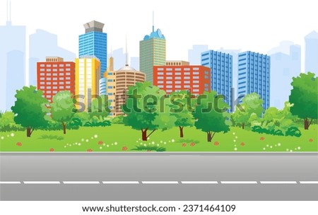 Vector illustration representing a view to a street near to a park in a modern city. Many beautiful trees and buildings.