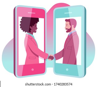 Vector-Illustration für junge schwarze Geschäftsfrau, die sich ferngesteuert mit bärtigen Geschäftsleuten per Mobiltelefon abstimmt