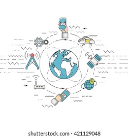 Vector Illustration Represents Telecommunication Concept, Mobile Technology And Global Internet Network Concept. Flat, Thin Line Style , EPS 10.