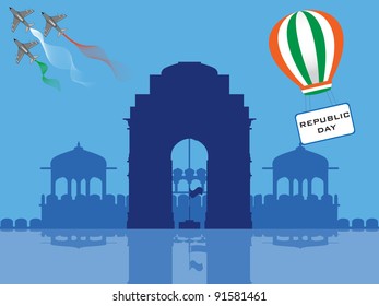 Vector illustration of Republic Day in front of India Gate, flying para suit having a text republic day and helicopter having Indian Flag.