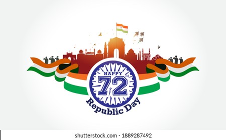 Vector Illustration Of Republic Day Of India 72 Celebration Background, Soldiers Saluting Tricolor Flag, India Get, Red Fort, Monuments Skyline, Fighter Jet And Kite Flying Creative Ideas