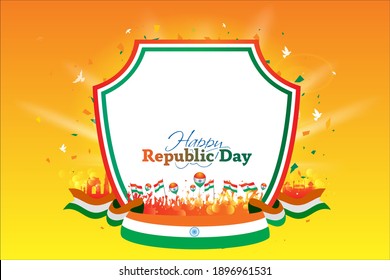 Vector Illustration "Republic day of India" 26 January India get Republic Day parade, people celebrating hutting background with  tricolor flag, monuments and kite flying creative concept ideas