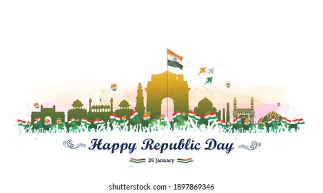 Vector Illustration Of Republic Day Of India Background, Celebration, Indian Army Soldiers Parade, Tricolor Flag, India Get, Red Fort, Monuments Skyline, Fighter Jet And Kite Flying