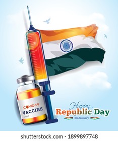 Vector Illustration, Republic Day Of India Background With Indian Flag And Covid 19 Immunity Vaccine Ideas Concept, Presentation, Growth Showoff, Indian Army Parade, Technology Success