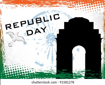 Ilustración vectorial del Día de la República sobre el fondo de la frontera con la Puerta de la India y la Rueda Asoka.