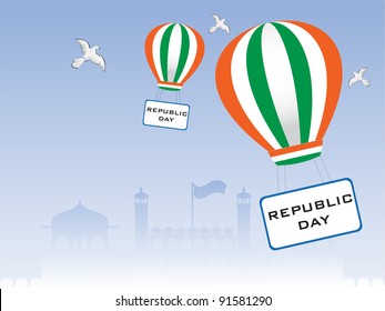 Vector illustration of Republic Day showing freedom, flying pigeons and para suit having text board on seamless background.