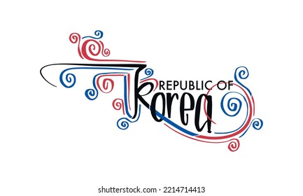 Vector Illustration of "Republic of Korea" in Hand-drawn Lettering Art with Flag Colors Palette. Suitable for Poster or Decorative Design.