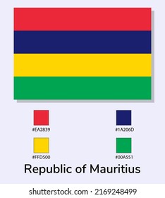Ilustración vectorial de la bandera de la República de Mauricio aislada sobre fondo azul claro. Bandera de la República de Mauricio con códigos de color. Lo más cerca posible del original.  
