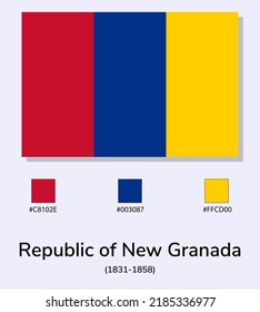 Vector Illustration of Republic of New Granada (1831-1858) flag isolated on light blue background. Illustration Republic of New Granada flag with Color Codes. As close as possible to the original. 
