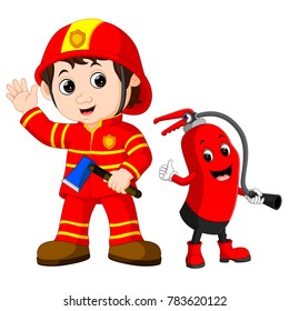 Vector illustration of Rescue firefighter man holds iron axe and fire extinguisher cartoon