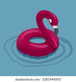 Vector illustration of a rescue inflatable swimming accessory pink rubber flamingo with a black beak. Flat style. Blue water. Tropical bird in the pool