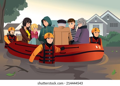 A vector illustration of rescue team helping people by pushing a boat through a flooded road