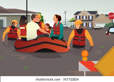 A vector illustration of rescue team helping people by pushing a boat through a flooded road