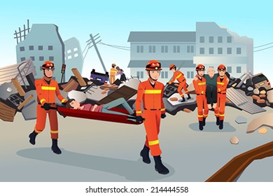 A vector illustration of rescue teams searching through the destroyed  buildings  during the earthquake