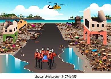 A Vector Illustration Of Rescue Teams Searching Through The Destroyed Building During The Tsunami