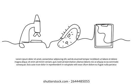 Ilustración vectorial de la investigación bacteriana con microscopio. Piso moderno en estilo línea continua.