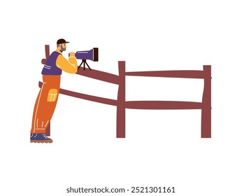 Vector illustration with a researcher watching wildlife behind a wooden fence. A man uses professional large binoculars to capture animals during his adventure.