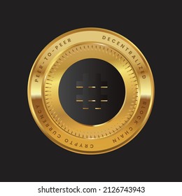 Vector illustration of Reserve rights crypto currency blockchain logo isolated on Black background on gold coin. Block chain RSR logo for web or print. 