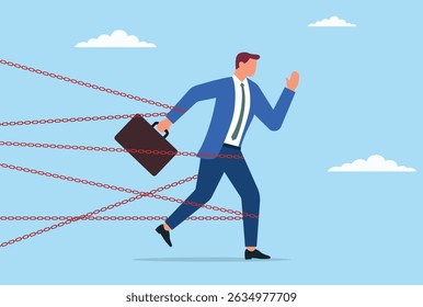 A vector illustration of a resilient businessman struggling to move forward despite being bound by numerous chains, symbolizing challenges, limitations, and stress
