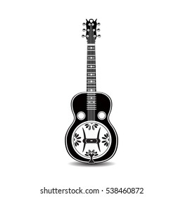 Vector Illustration Of Resonator Guitar Isolated On A White Background. Black And White Resophonic Guitar. Bluegrass And Country Music.