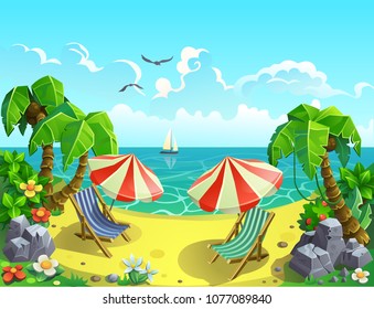 Vector illustration. A resort on a tropical beach. Umbrella with a deck chair.