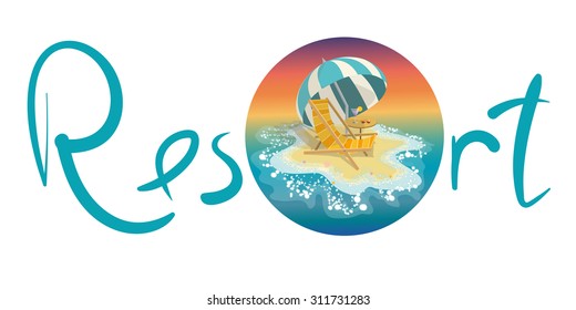 Vector illustration. Resort. Summer, beach chair, umbrella, glasses, cocktail starfish.