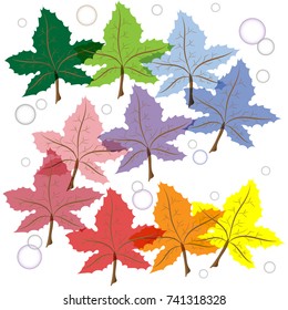 Vector and illustration resources or elements of colorful maple leaves, green, blue, purple, pink, red, orange, yellow color and small bubbles isolated on white background