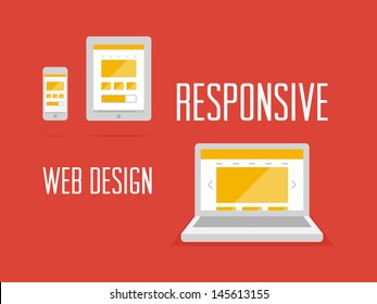 Vector illustration of responsive web design concept reflecting in laptop, digital tablet and smartphone in modern flat design. Isolated on red background.