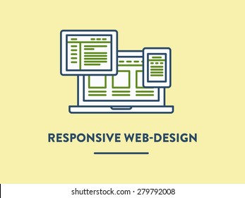 Vector illustration of responsive web-design shown on the laptop, tablet and smartphone. Concept of website development
