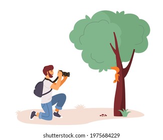 Vector illustration of rest in the city park. Young man photographing a squirrel on a tree. Outdoor activities.