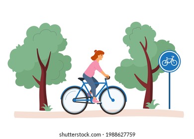 Vector illustration of rest in the city park. Young woman rides a bicycle on a bike path. Outdoor activities.