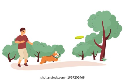 Vector illustration of rest in the city park. Young man playing with dog. Outdoor activities.
